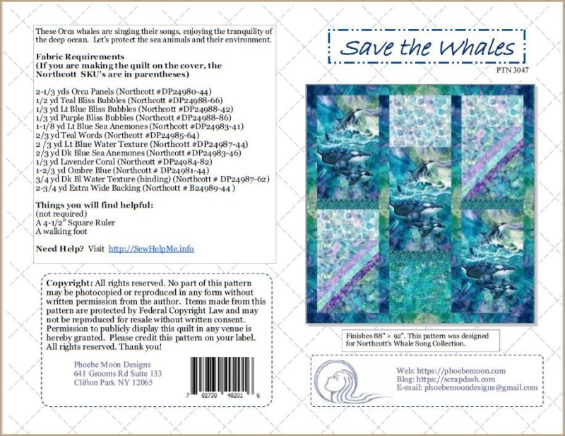 Save the Whales Quilt Pattern Cover. The Save The Whales Quilt Pattern uses 3 Orca Whale panels. These whales are singing their songs, enjoying the tranquility of the deep ocean. Let’s protect the sea animals and their environment. Easy construction. 