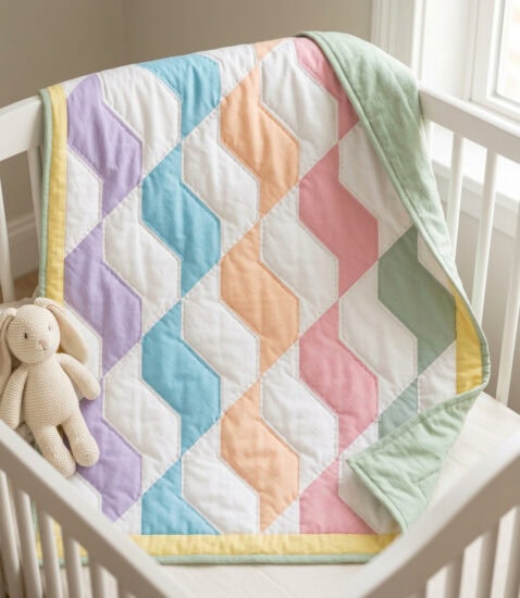 Baby-Cakes-with-Minky A pastel-colored patchwork quilt, sewn with Minky for extra softness, is draped over the side of a white crib. A knitted cream-colored bunny toy sits inside the crib next to the quilt as sunlight streams through a nearby window.