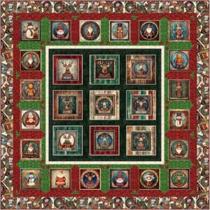 A festive quilt featuring squares with holiday-themed images—snowmen, reindeer, nutcrackers, Santa Claus, and ornaments—bordered with green, red, and patterned fabric, inspired by popular wholesale quilt patterns.