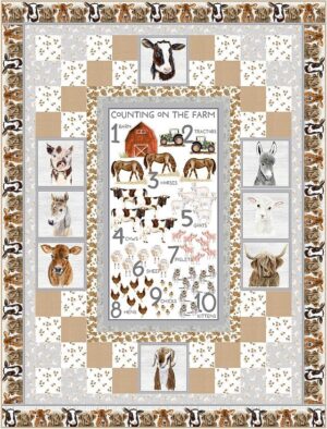 A quilt with illustrated farm animals, barn, and tractor. Center panel reads Counting on the Farm and shows numbers 1–10 with matching animals—perfect inspiration for wholesale quilt patterns featuring playful rural themes.