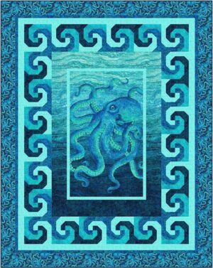 A blue and teal quilt featuring a central octopus illustration set against a watery background, framed by multiple borders with repeating Greek key patterns in various shades of blue—perfect inspiration for wholesale quilt patterns.