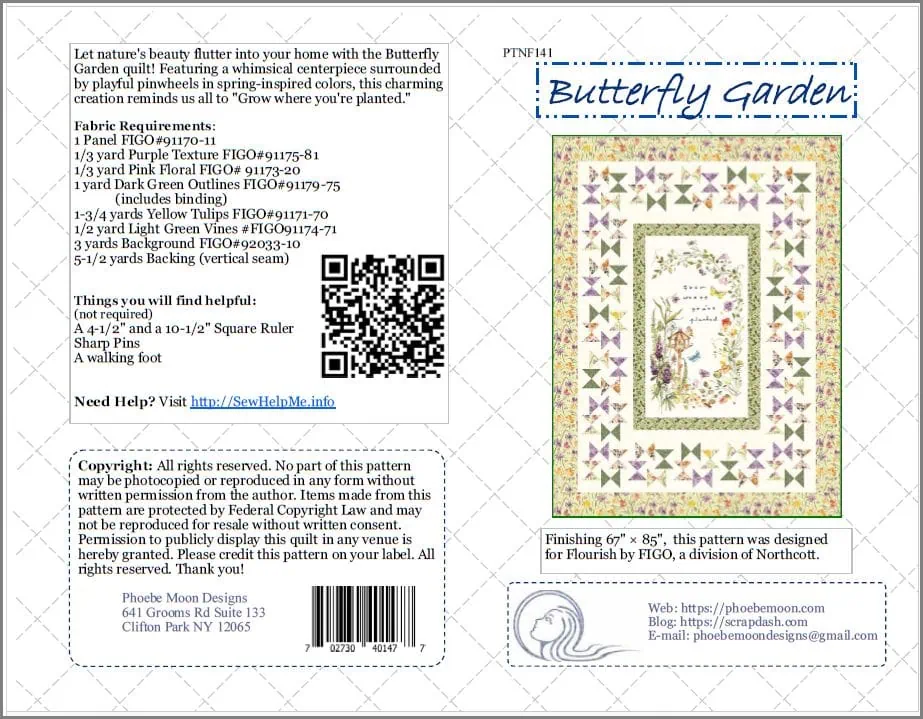A colorful brochure for the Butterfly Garden quilt pattern features a floral quilt image, materials list, QR code, and contact details. The brochure has decorative borders and detailed instructions for making a butterfly-themed quilt.