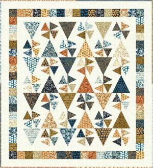 A Confetti Quilt Pattern featuring a geometric array of multicolored triangles—blue, orange, gold, beige, and cream—arranged in a playful, scattered design with a border of small rectangles in matching hues.
