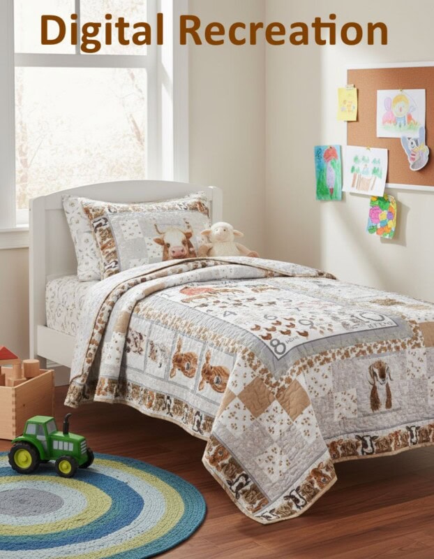 A cozy child's bedroom with a white bed featuring the Farm Friends Throw Quilt, animal-themed bedding, a stuffed animal on the pillow, a toy tractor on a circular rug, and children’s artwork pinned to a corkboard. Digital Recreation is written at the top.