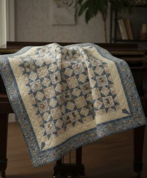 A handmade Musical Morning Throw Quilt Pattern with blue, cream, and floral designs is draped over a dark wooden piano in a cozy room with a plant and bookshelf in the background.