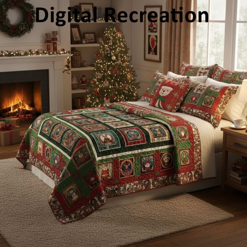 A cozy bedroom decorated for Christmas with a Santas Helpers Twin Quilt Pattern and pillows featuring holiday designs on the bed, a decorated Christmas tree, and a fireplace with stockings and garland. Text reads Digital Recreation.