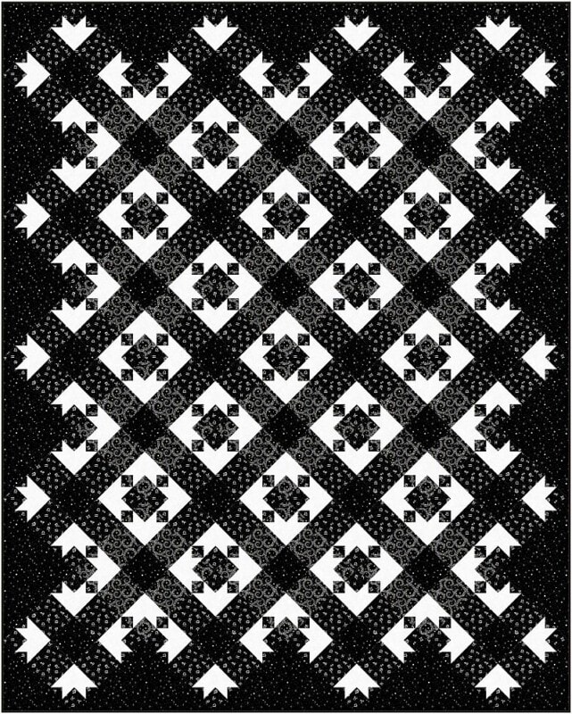 A black and white quilt featuring a repeating geometric pattern of squares, triangles, and arrow shapes, creating a visually striking and symmetrical grid design.