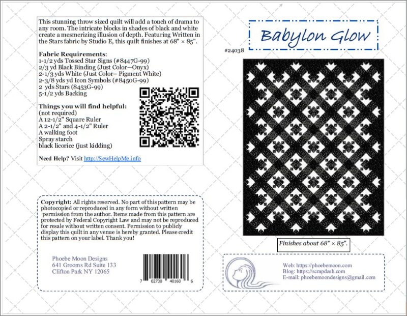Quilt pattern cover for Babylon Glow, featuring a black and white star design inspired by the Dark Shadows Quilt. Includes fabric requirements, suggested tools, a QR code, contact info, and copyright notice on a light background.