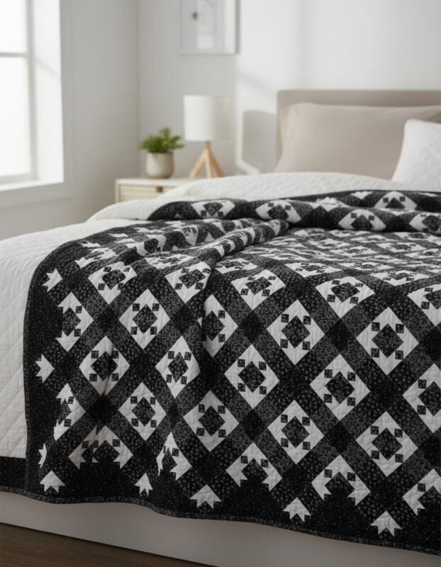 A neatly made bed features a black and white patterned quilt with geometric and floral designs, in a softly lit bedroom with a nightstand, lamp, potted plant, and framed art on the wall.