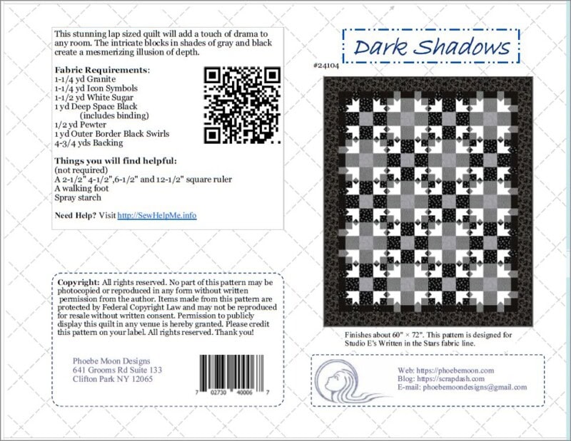 A quilt pattern instruction sheet titled Dark Shadows Quilt, featuring a grayscale quilt design with intricate block patterns, supply list, QR code, instructions, and copyright information on a white background with a gray border.