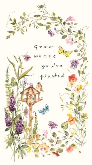 Watercolor illustration of colorful flowers, butterflies, and two owls on a birdhouse surrounds the handwritten phrase “Grow where you’re planted” in the center—perfect inspiration for a 123-Baby Quilt Pattern.