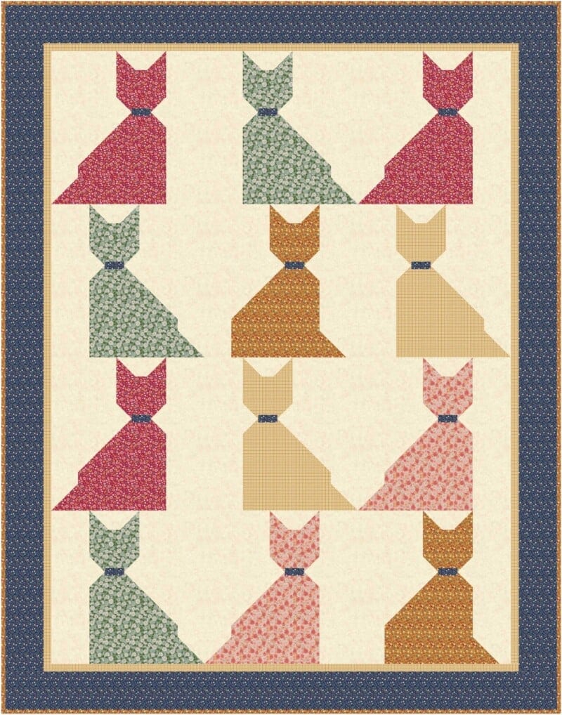 A charming quilt featuring a pattern of twelve stylized cats in various colors and prints, each with a small bow, arranged in four rows on a cream background with a dark blue border—perfect inspiration for wholesale quilt patterns.