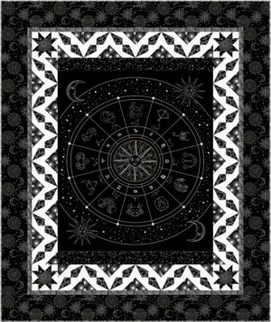 Black and white tapestry featuring a zodiac wheel with astrological signs, a central sun and moon, stars, and celestial borders. The outer edges showcase repeating stars, moons, and cosmic designs inspired by the Pisces Throw Quilt Pattern.