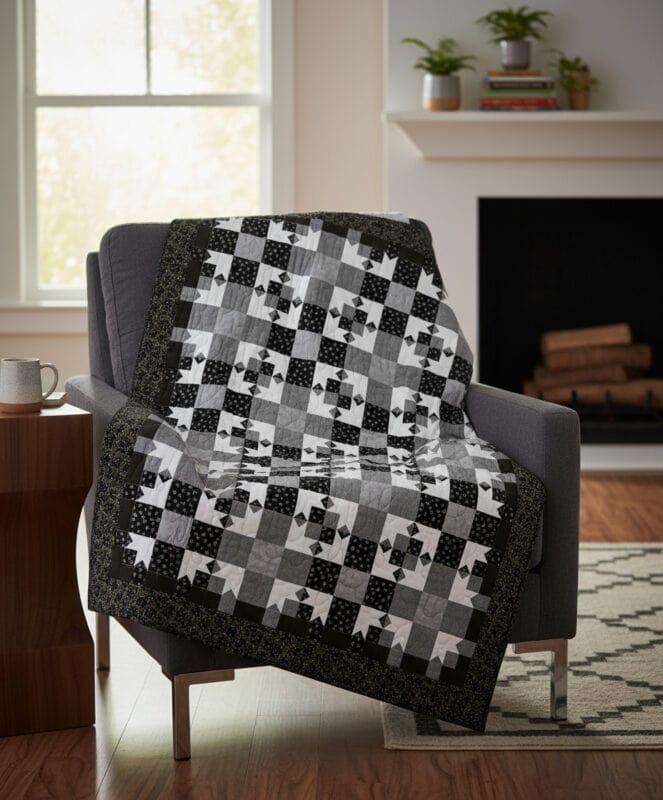 A Dark Shadows Quilt in black, white, and gray patchwork with a checkered pattern is draped over a dark gray armchair in a cozy living room. A wooden side table, fireplace, and potted plants complete the inviting scene.