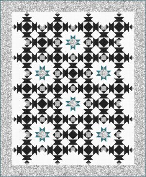 Quilt block design with geometric patterns, black and gray tones, and star accents showcasing modern quilting artistry.. A black and white geometric quilt pattern with repeating star blocks; five teal stars are evenly spaced, and photos of a persons face are centered in some blocks. The border features a fine black-and-white web-like design.
