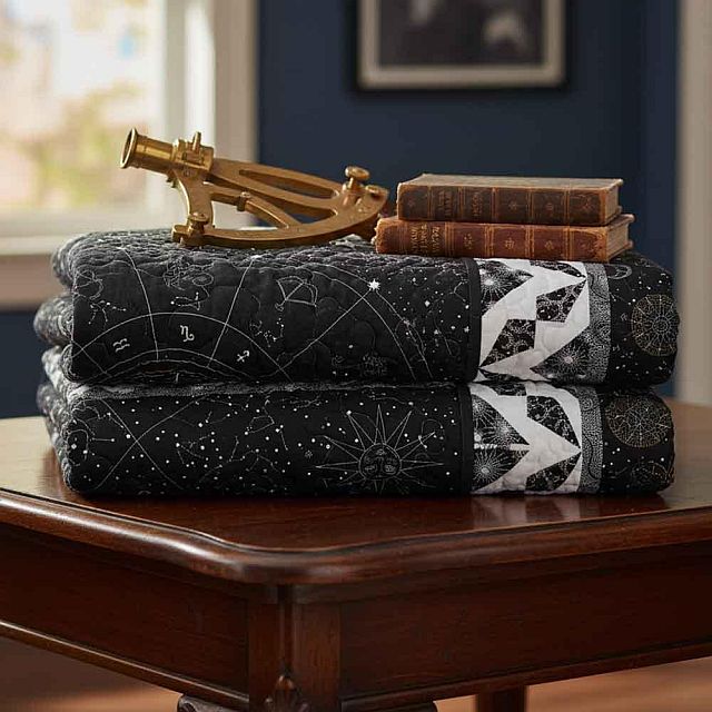 A wooden table with two folded black quilts featuring celestial designs, next to three stacked old books and a brass sextant. A blurred blue wall and window are in the background.