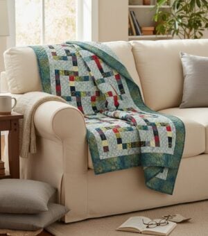 A colorful patchwork quilt drapes over the arm of a cream sofa in a cozy living room, with soft pillows, a blanket, a book, and reading glasses nearby. Sunlight streams in through a window and a green plant sits in the corner.