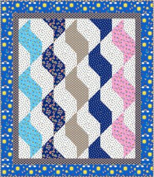 A colorful Sundrops Baby Quilt Pattern features diagonal zigzag stripes in blue, navy, brown, pink, and white, with floral and polka dot patterns. It is bordered by a blue floral edge with yellow flowers and small white accents.