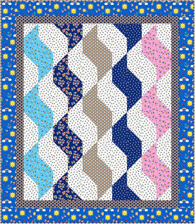 A colorful Sundrops Baby Quilt Pattern features diagonal zigzag stripes in blue, navy, brown, pink, and white, with floral and polka dot patterns. It is bordered by a blue floral edge with yellow flowers and small white accents.