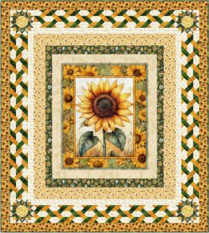 Sunflower-Award - A quilt featuring a large sunflower at the center, surrounded by multiple patterned borders in green, yellow, and cream colors, with sunflower and geometric designs throughout.