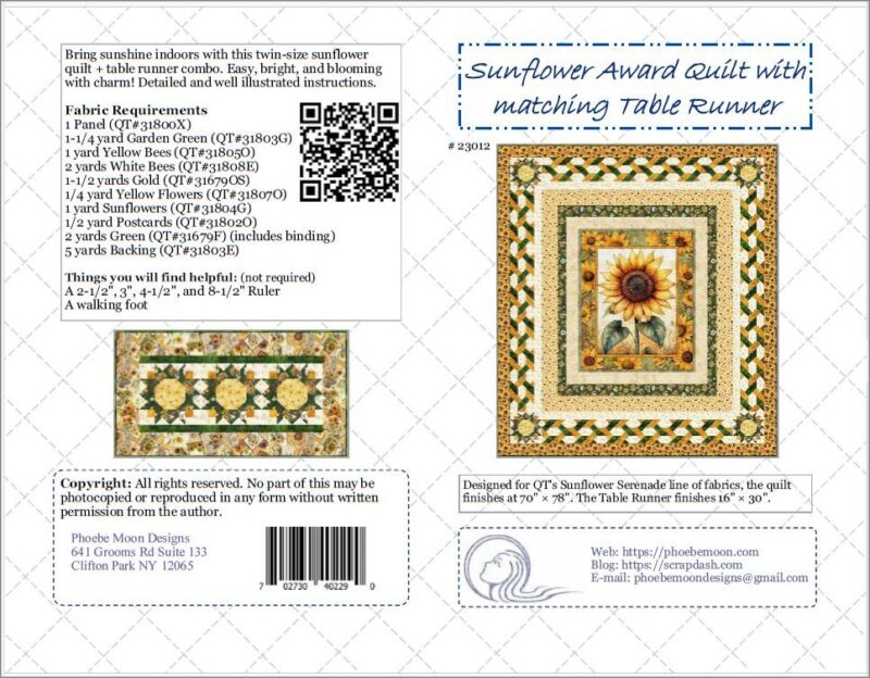 Sunflower-Award-Cover Quilt pattern cover featuring a sunflower-themed quilt and matching table runner. Includes fabric requirements, finished sizes, photo of the Amish Baskets Quilt Pattern, designer contact info, and decorative borders with elegant text.