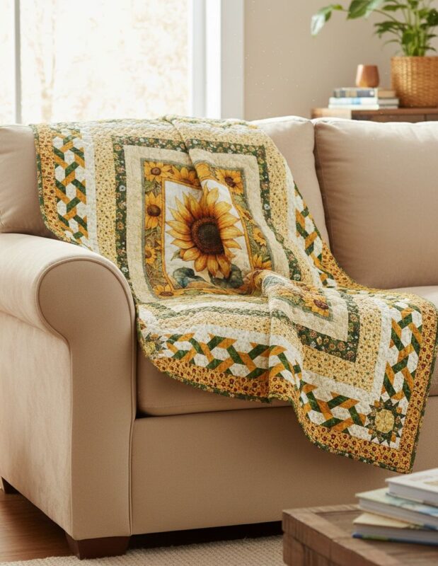 A tan sofa with a sunflower-patterned quilt draped over the arm, featuring green, yellow, and white patchwork designs. A coffee table and a bookshelf with plants are visible in the cozy, sunlit room.