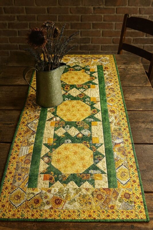 Sunflower-Award-on-table - A quilted table runner with yellow, green, and patterned patchwork designs lies on a rustic wooden table. A metal pitcher with dried flowers sits atop the runner, and a brick wall is in the background.