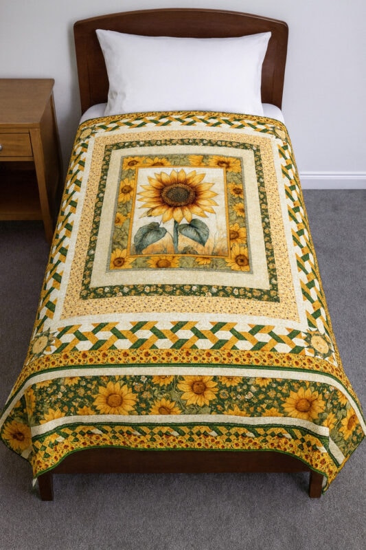 Sunflower-award-on-bed A single bed with a sunflower-themed quilt featuring a large sunflower in the center, surrounded by green, yellow, and white patterned borders. The bed is next to a wooden nightstand on a gray carpet.