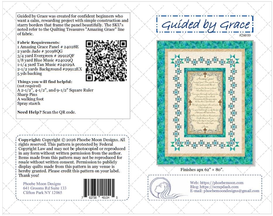 Quilt pattern cover showing a blue and green bordered quilt with a central inspirational text. Includes fabric requirements, QR code, finished size (62x80), and designer contact info on a white patterned background.