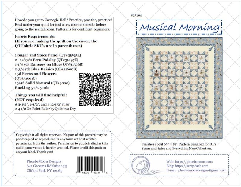 Quilt pattern instructions for the Musical Morning Throw Quilt Pattern by Phoebe Moon Designs, featuring a blue and white quilt with musical motifs. Includes fabric requirements, sizing, and contact info. Centered quilt image enhances the page.