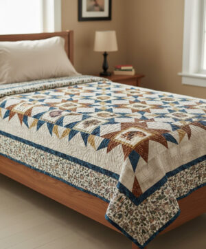 Stone Age Stars Quilt on a Twin Bed A neatly made bed with a colorful patchwork quilt featuring geometric wholesale quilt patterns, in a cozy bedroom with beige walls, a nightstand, a lamp, and a framed picture on the wall.