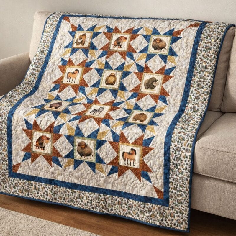 Stone Age Stars Quilt on a couch. A colorful quilt with star patterns, inspired by wholesale quilt patterns, draped over a beige couch and featuring animal images—lions, elephants, and camels—in each block, all framed by blue and patterned borders.