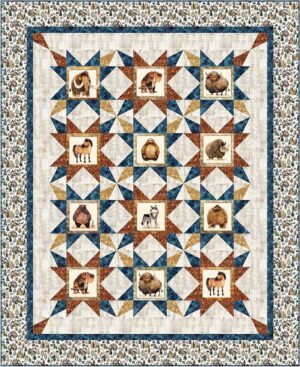 Stone-Age-Stars- A patchwork quilt featuring a central grid of star patterns with animal illustrations inside each square; the border has a floral or leafy pattern in neutral and blue tones, inspired by popular wholesale quilt patterns.