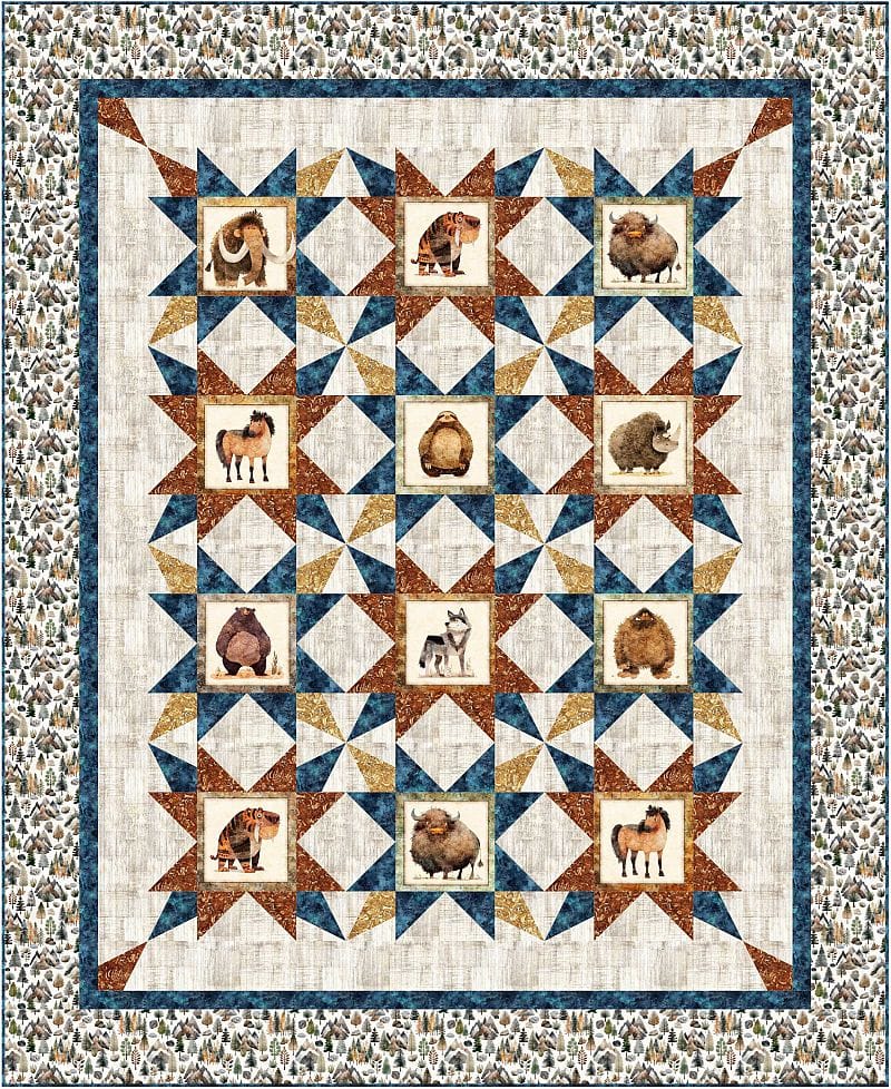 Stone-Age-Stars- A patchwork quilt featuring a central grid of star patterns with animal illustrations inside each square; the border has a floral or leafy pattern in neutral and blue tones, inspired by popular wholesale quilt patterns.