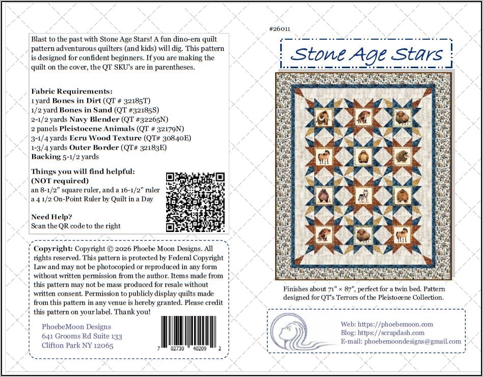 A quilt pattern cover featuring Stone Age Stars, a dinosaur-themed design with star and dinosaur blocks. Includes fabric requirements, company info, and a QR code for help. The finished quilt measures 71” x 87”. Pairs well with the Aries Throw Quilt Pattern.