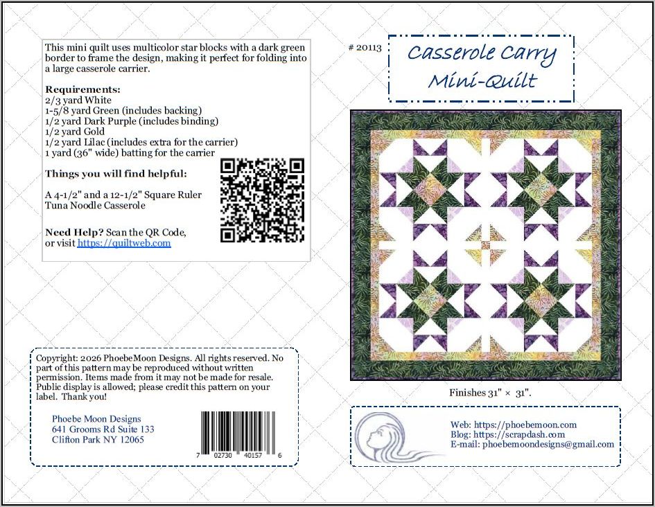 Casserole-Carry-Cover Quilt pattern instruction sheet featuring a purple, green, and white quilt design titled “Casserole Carry Mini-Quilt,” with requirements, contact info, a QR code, and an image of the completed quilt on a tiled background.