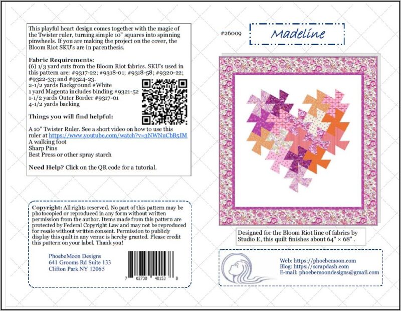 A quilt pattern cover features the Charming Wonder Quilt Pattern with a colorful pinwheel design in pink, orange, and purple tones, fabric details, pattern information, a QR code, and the name Madeline on a blue label.