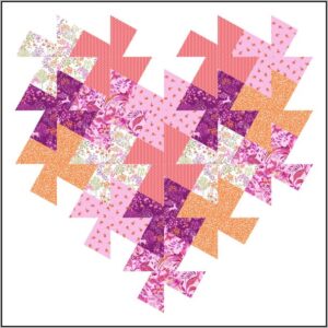A heart shape made from patchwork pinwheel quilt blocks in pink, purple, orange, and white florals showcases the Madeline Throw Quilt Pattern, arranged in a striking geometric design on a crisp white background.