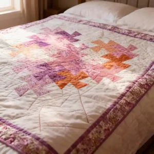 Madeline Quilt A handmade quilt featuring the Charming Wonder Quilt Pattern in shades of pink, purple, and orange is spread neatly on a bed with white pillows, softly lit by natural daylight from a nearby window.
