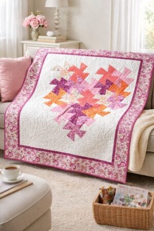 A colorful quilt with the Charming Wonder Quilt Pattern featuring hearts in shades of pink, purple, and orange is draped over a beige couch. The room has soft lighting, pastel decor, and a coffee table with a cup and magazines.