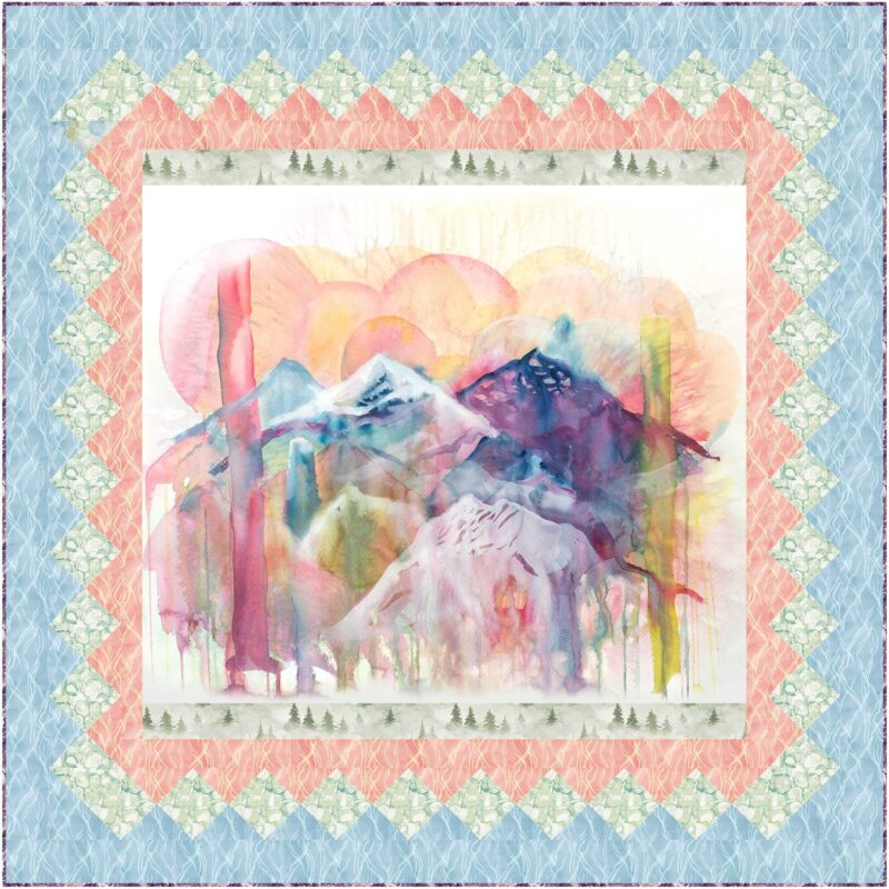 Mountains-Majesty Lap Quilt A watercolor painting of mountains in soft pastel colors, framed by a geometric quilt-like border with blue, green, and pink patterns and tiny pine tree motifs.