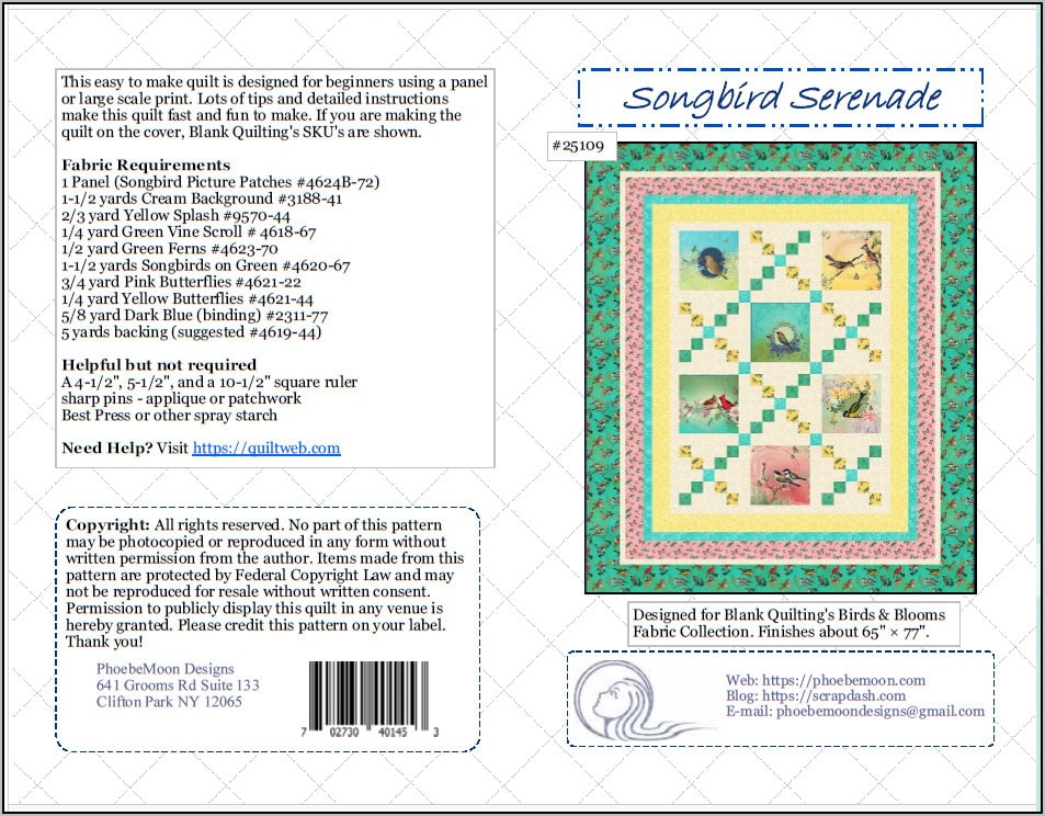 Songbird-Serenade-Cover Quilt pattern instruction sheet featuring a colorful quilt with bird and flower panels, a green and pink border, and fabric requirements listed. Title reads Songbird Serenade, with contact and copyright information below.