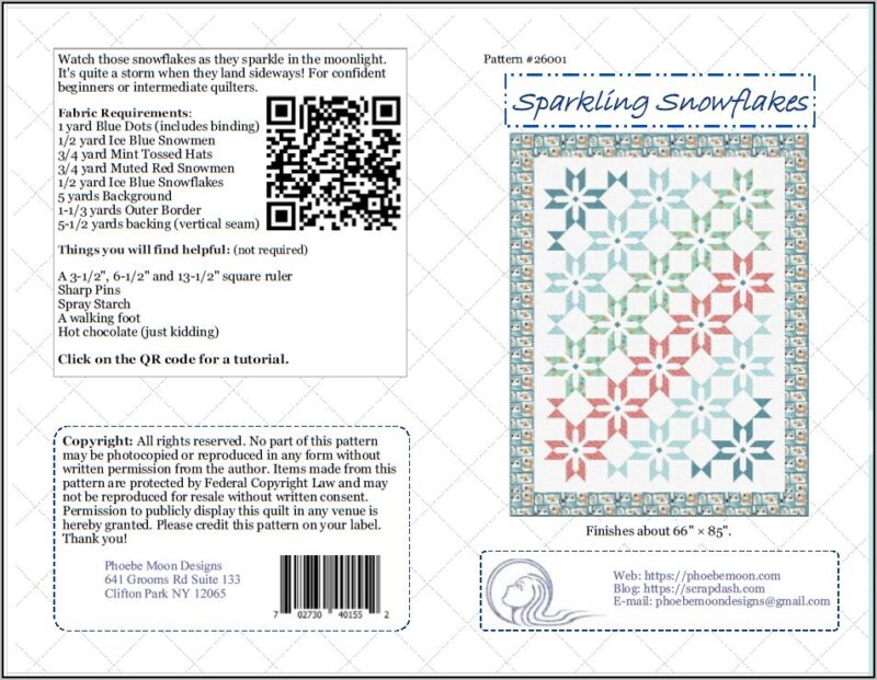 A quilting pattern cover for the Snowflake Sparkle Quilt Pattern, featuring images of blue and white snowflake quilt blocks, fabric requirements, instructions, a QR code, and contact information for Phoebe Moon Designs.