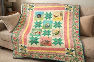Wings-and-Wishes-on-Couch A colorful quilt with bird illustrations and green star patterns is draped over a beige sofa. The quilt also features floral and geometric borders in pink, yellow, and teal colors.