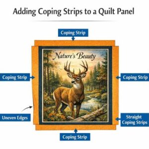 oping-strip-featured-image A quilt panel with a deer and Natures Beauty text, surrounded by labeled orange coping strips on all sides. Arrows point to the coping strips and uneven edges around the panel.