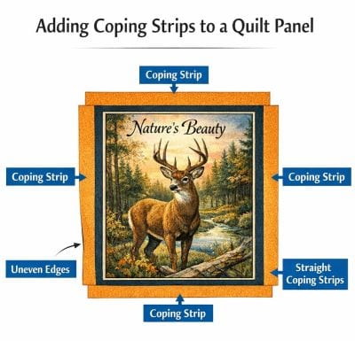 oping-strip-featured-image A quilt panel with a deer and Natures Beauty text, surrounded by labeled orange coping strips on all sides. Arrows point to the coping strips and uneven edges around the panel.