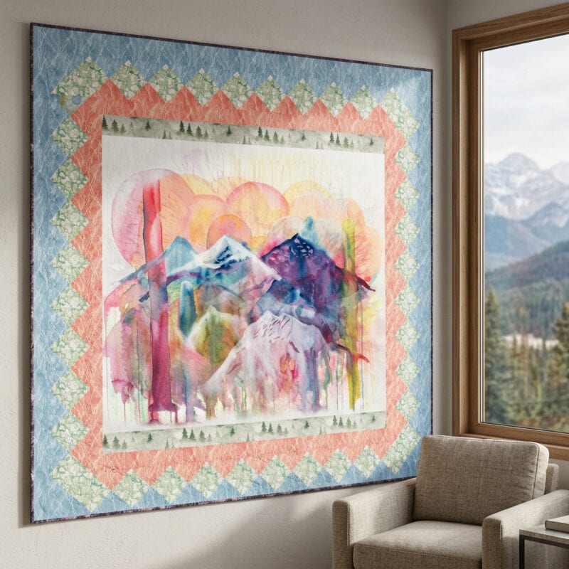 A colorful quilt with a watercolor-style mountain landscape and sun motif hangs on a wall in a cozy room with a beige armchair and a window showing a scenic view of snowy mountains and pine trees.