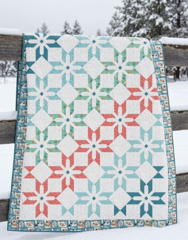 A colorful quilt with blue, teal, and red geometric patterns draped over a wooden fence, with snow covering the fence and a snowy landscape with trees in the background.