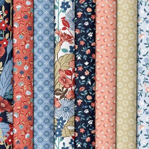 Several rolls of fabric with floral patterns in various colors—including red, blue, beige, peach, and navy—each displaying small and large flower designs in vertical rows, perfect for an Arctic Mountains Table Runner Pattern.
