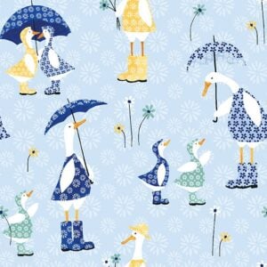 Pattern of cartoon ducks wearing boots, hats, and raincoats, some holding umbrellas, on a light blue background with white and blue flowers. The ducks are in yellow, blue, and green colors.
